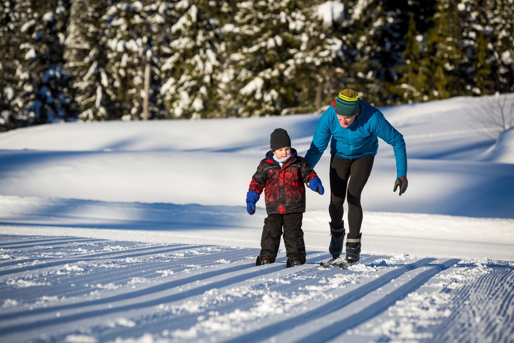 Adult and child skiing together on a sunny winter day